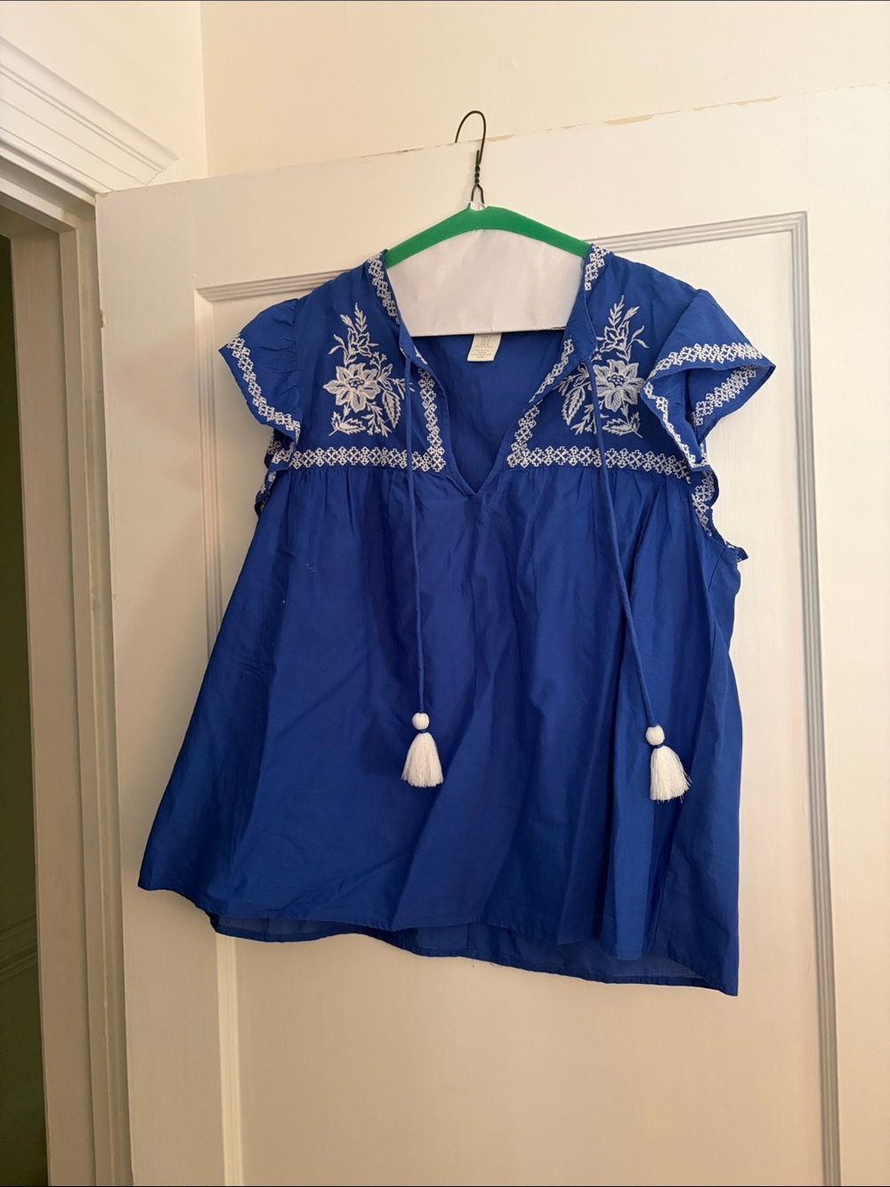 H&M Embroidered Blue Peasant Blouse with Tassel Ties